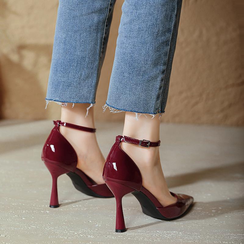 Red High Heels, Thin Heels, Sexy 2025 New Summer Pointed Head with Hollow Single Shoes, High Heels, Bag Head Sandals