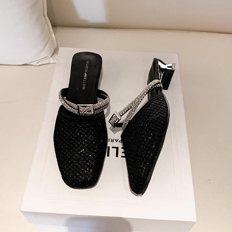 

Spring and summer new fashion thick heel wedge sandals rhinestone woven bag head slippers women s comfortable soft bottom casual sandals 40