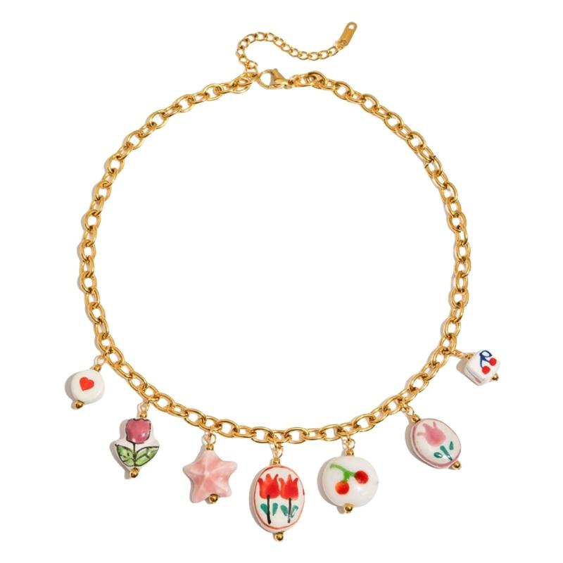 Artistics Ceramic Charm and Natural Pearls Bead Necklace Adjustable Length Portable Designs