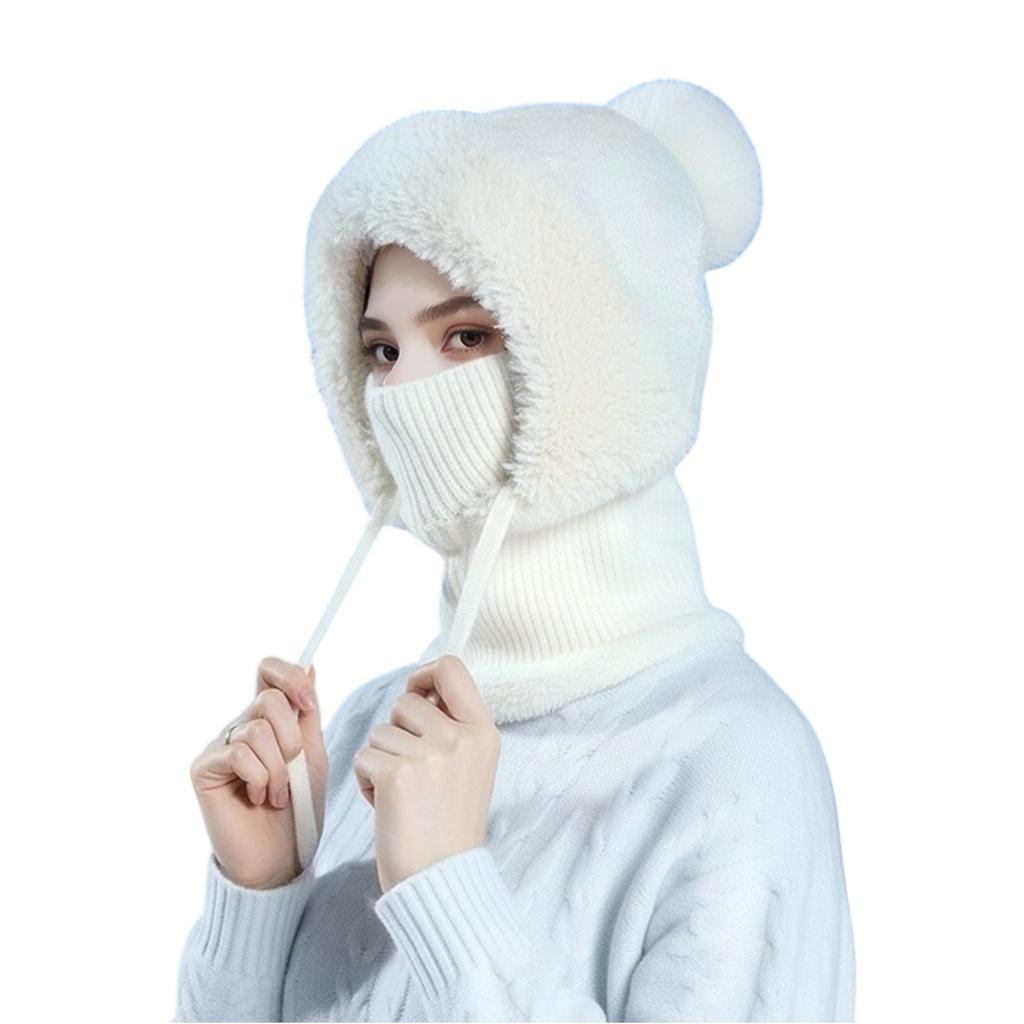 Winter Women's Woolen Ball Hat Solid Color Knitted Hat Fashion Scarf Face Mask One-piece Hat Lady Plush Warm Thick Hats