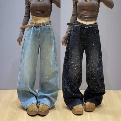 Jeans da donna con strass, novità primaverile, pantaloni a gamba larga in velluto composito ispessito, pantaloni casual e sottili