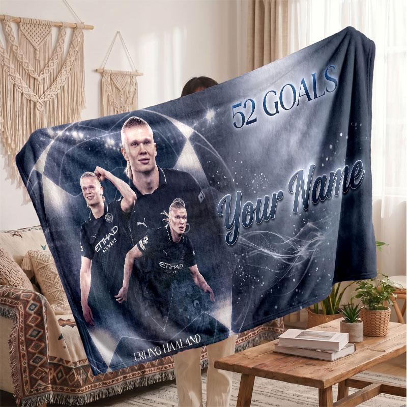 Erling Haaland Personalisierte Fleecedecke Mit Fußballlogo, Individueller Name Text Weich Warm Wohnzimmer Überwurfdecke
