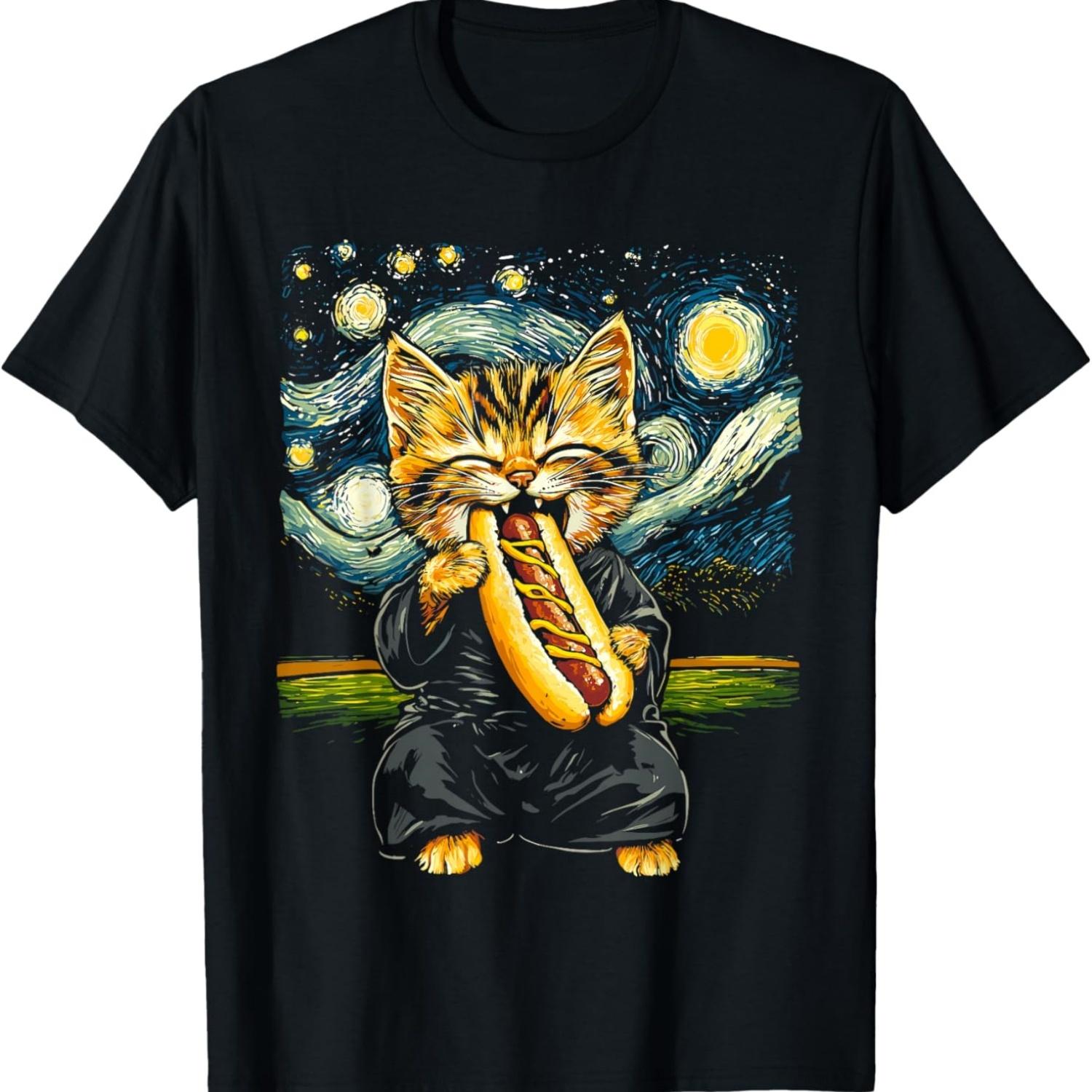 Funny Cat Eating a Hot Dog Under Starry Sky Men Women Kids T-Shirt(1) S чёрный