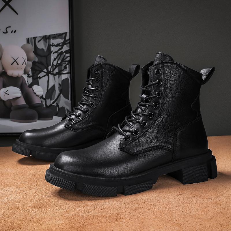 Genuine Leather Motorcycle Boots for Men New Fashion Mens High Top Footwear Warm Plush Fur Winter Boots Luxury Brand Snow Boots