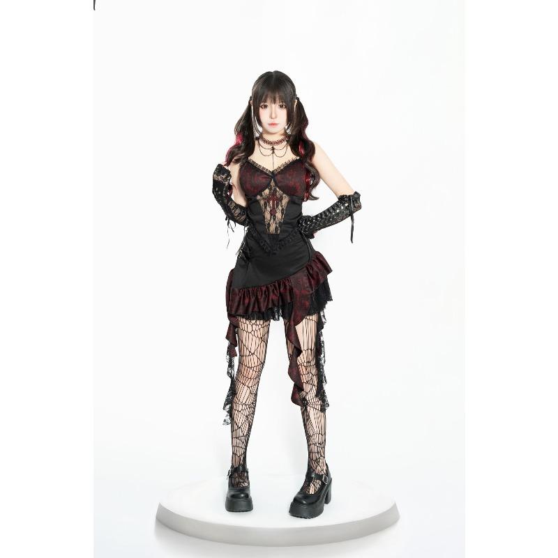 Halloween Vampiro Diablo Stile Gotico Set Gonna con Bretelle in Pizzo Nero e Rosso Set per Shooting di Strada Sottocultura