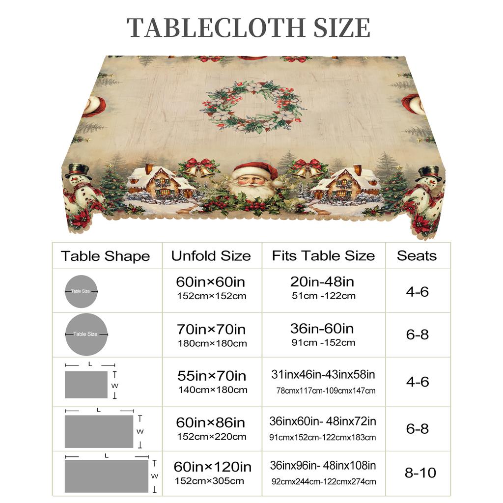 1 Piece Christmas Round and Rectangular Tablecloth, Various Sizes, Retro Santa Claus and Christmas Tree Print Design Pattern Tablecloth, Christmas Gar