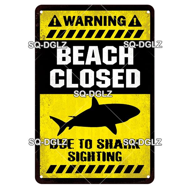 SQ-DGLZ Vintage Metallskylt Varning Haj Poolregler Tennskylt Havsbutiksskylt Hembar Väggdekor Klistermärke Dekorationsplatta Affisch