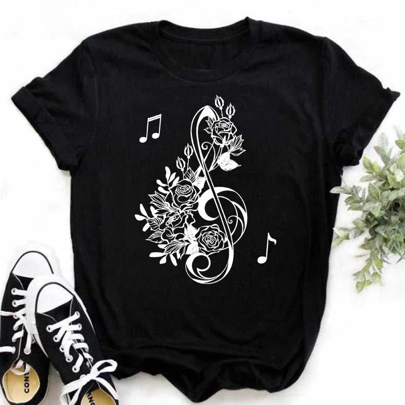 Damen T-Shirt Musik Oberteile Kurzarm Schwarz T-Shirt Damen Lässig Neu Harajuku Lustig Musiknote Kunst T-Shirt Mode
