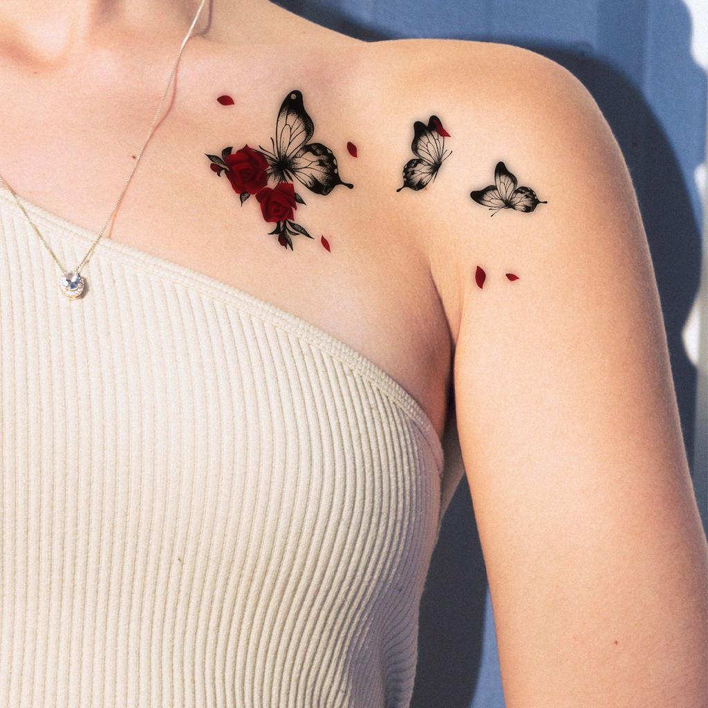 Red Rose Black Butterfly Tattoo Sticker Sweet Cool Waterproof Long-Lasting Shoulder Neck Clavicle Delicate Pattern Sticker