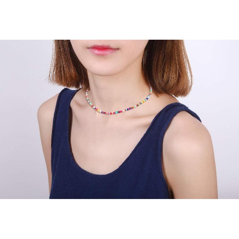 SCIONE Beaded Necklace 10 Pieces Tiny Seed Beaded Necklace Bohemian Hawaiian White Rainbow Adjustable Colorful Necklaces for Women