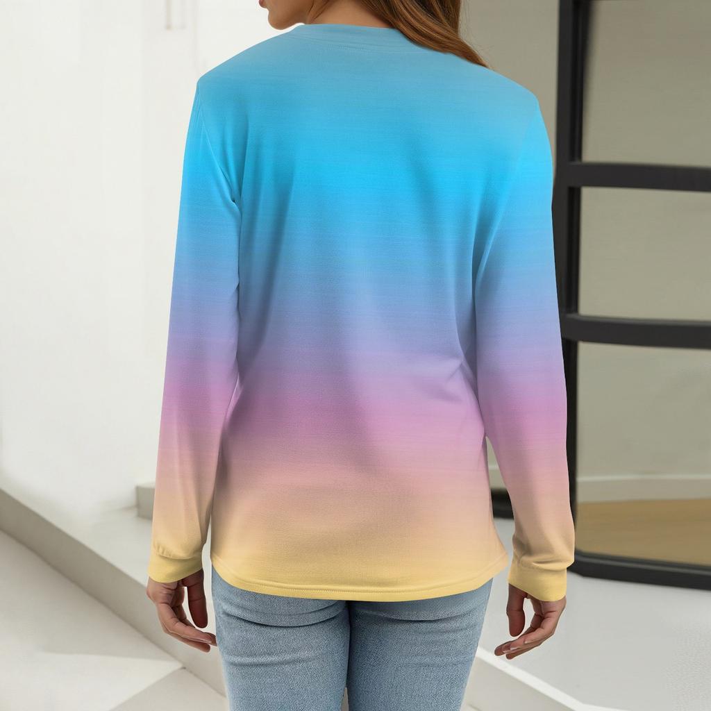 Dámské tričko s potiskem, knoflíky, dlouhý rukáv, denní, víkendová móda, základní, výstřih do V, běžný top