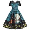 Women's Hepburn-Style Retro Lace Round Neck Short Sleeved Halloween Printed Dress