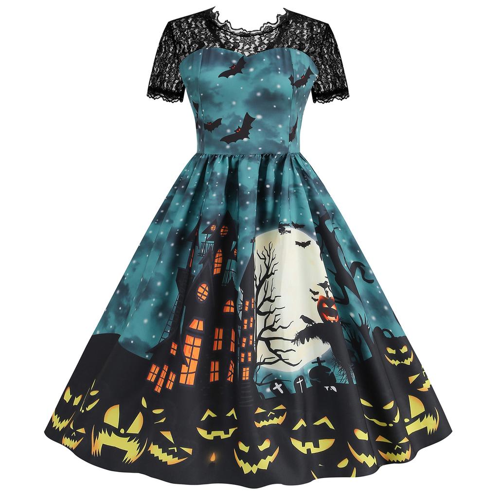 Women's Hepburn-Style Retro Lace Round Neck Short Sleeved Halloween Printed Dress