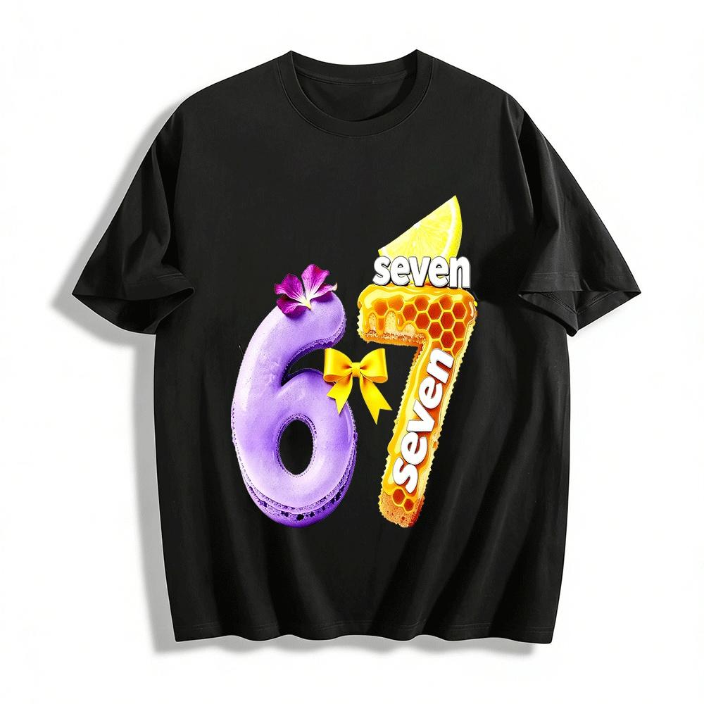 Macaron Number 67 Creative Print Casual Top Pure cotton T-shirt XXS