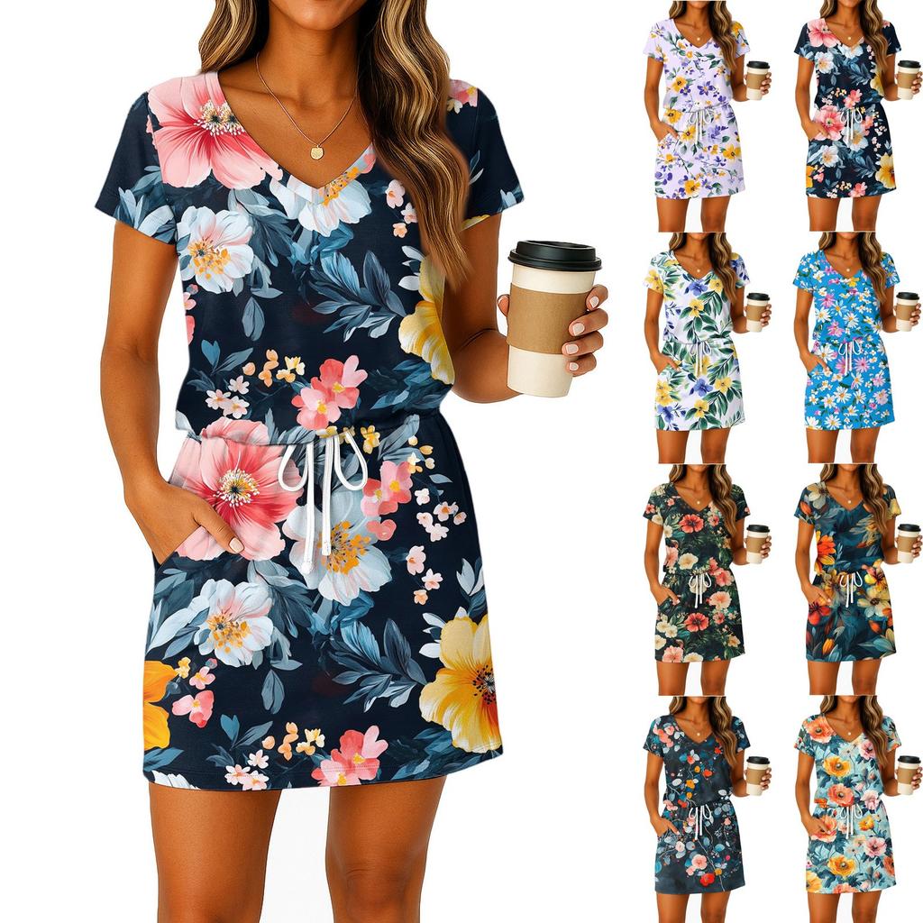 Women's Summer V-Neck Short Sleeved Drawstring With Pocket Floral Print Casual Dress