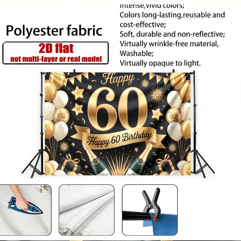Party Backdrop 60Th Birthday Stars Flat Golden Balloons Champagne Bottles Multi Family Event Photo Background Front Door Decor