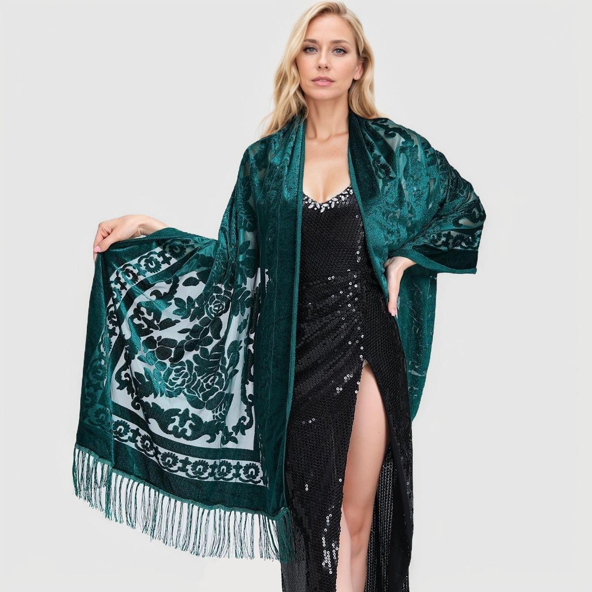 

New Ethnic Style Elegant Velvet Cheongsam Shawl Versatile Long Tassel Scarf Warm Air Conditioning Shawl