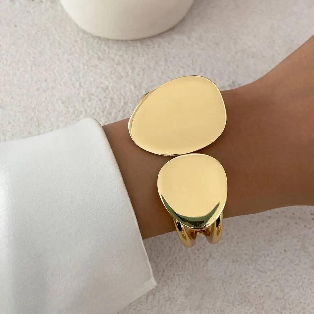 IngeSight.Z 4Style Punk Exaggerated Wide Cuff Bangle Women Vintage Irregular Geometric Glossy Gold Color Spring Bracelet Jewelry