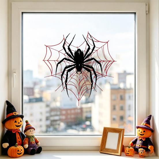 Static Glass Sticker, Reusable Halloween Window Decal, Black Spider Red Web Pattern Window Sticker for Home Store Kindergarten Decor