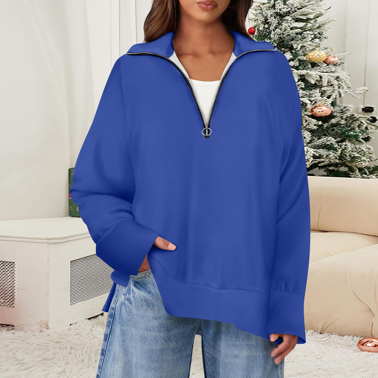 

Женский повседневный однотонный пуловер с застежкой-молнией на лацкане и боковыми разрезами, модная одежда L синий