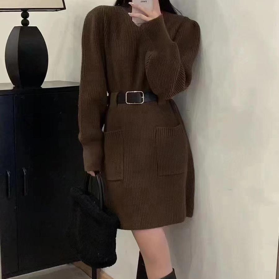 New French Style Petite Knit Dress for Women, Long Sleeve Loose Knit Base Dress for Fall Winter