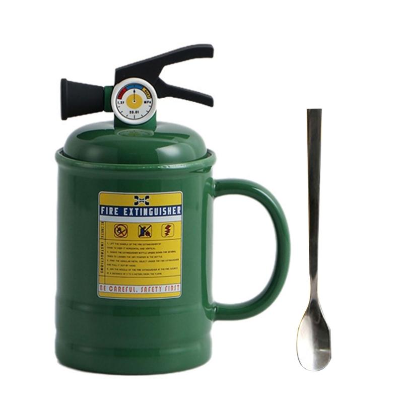 

Unique Fire Extinguishers Shape Coffee Mug 450ml Ceramic Cup with Lid and Spoon, Perfect Gift for Friend and Family зелений