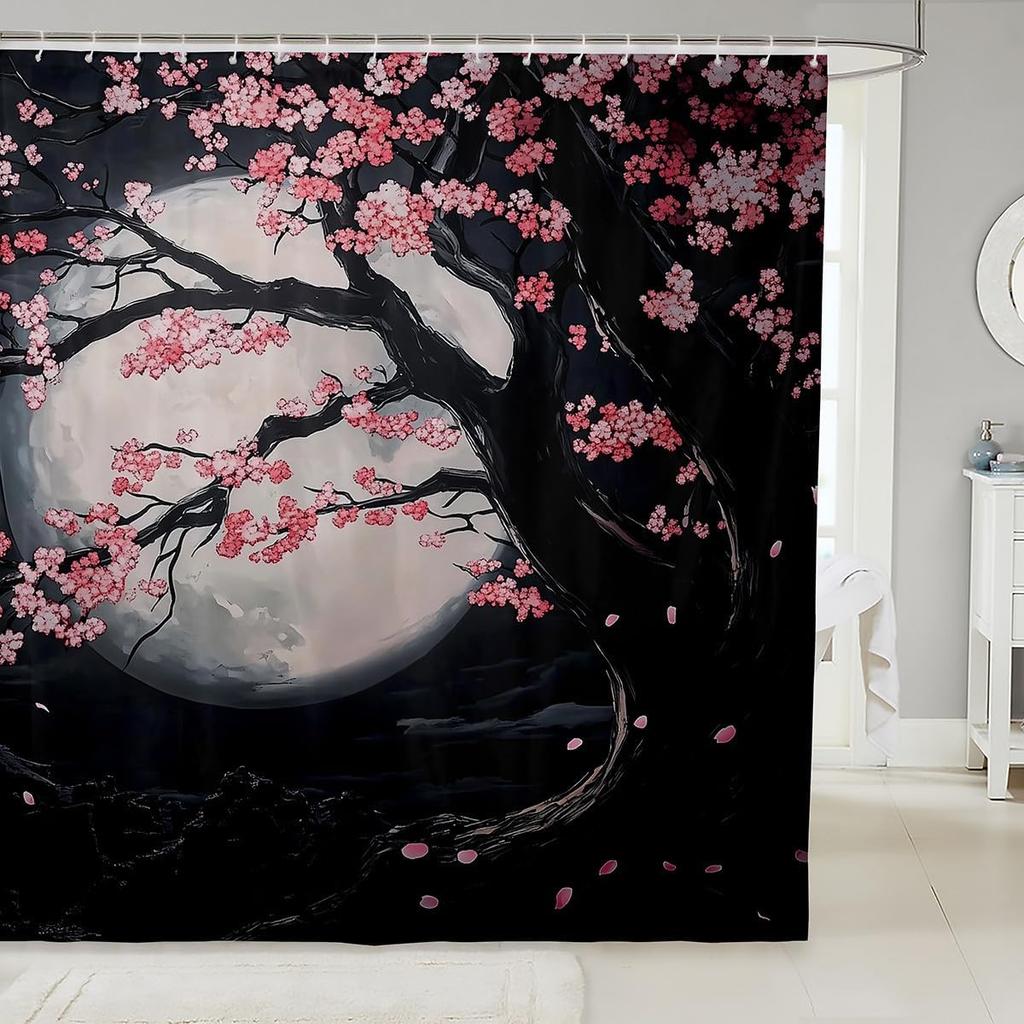 Japanese Style Bathroom Curtain Cherry BlossomShower Curtain for Girls Teen Women,Watercolor Mount Fuji Sakura Animal Aesthetics