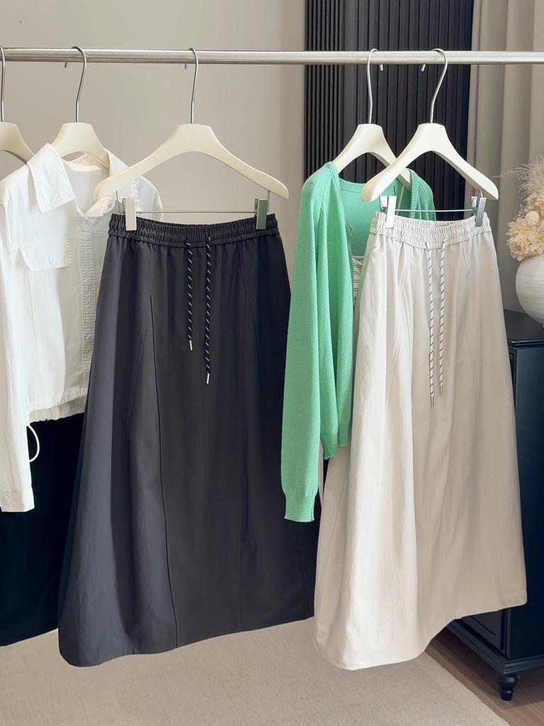 Women's A-line High-Waisted Cargo Midi Skirt, Spring/Autumn Style, Elastic Drawstring Waist, Slimming Fit for Pear-Shaped Figures