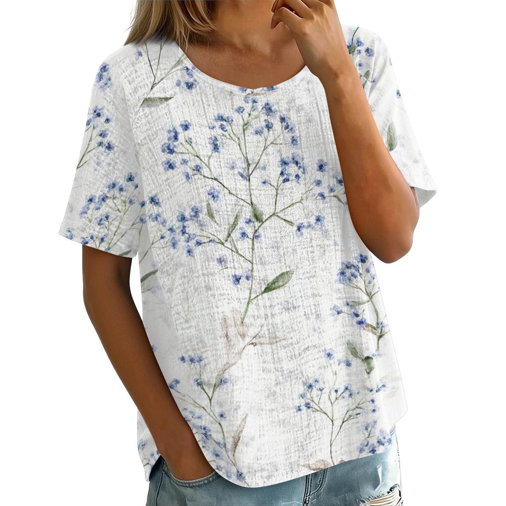Women's Retro Print Round Neck Short Sleeve T-Shirt - Cotton Linen Tee, Casual Summer Top, Soft and Breathable, S-XXL