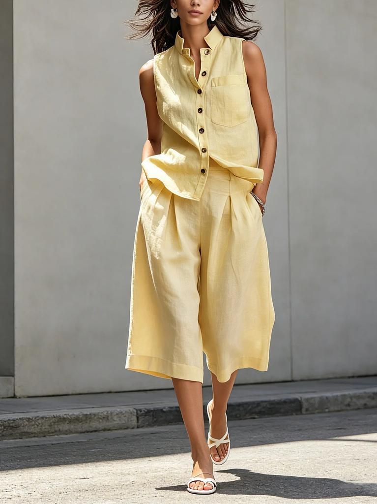 Dámský 2dílný set z lněné směsi: Bezrukávová košile na knoflíky a culottes. Ležérní letní outfit