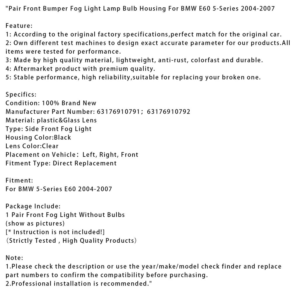 Pair Front Bumper Fog Light Lamp Bulb Housing For BMW E60 5-Series  2004-2007