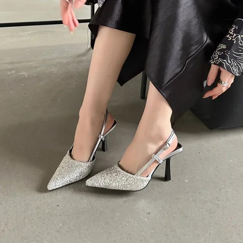 2025 Luxury Bling Design Mules Sandals Women Sexy Pointed Toe Thin High Heels Summer Back Strap Banquet Dress Shoes Women Pums