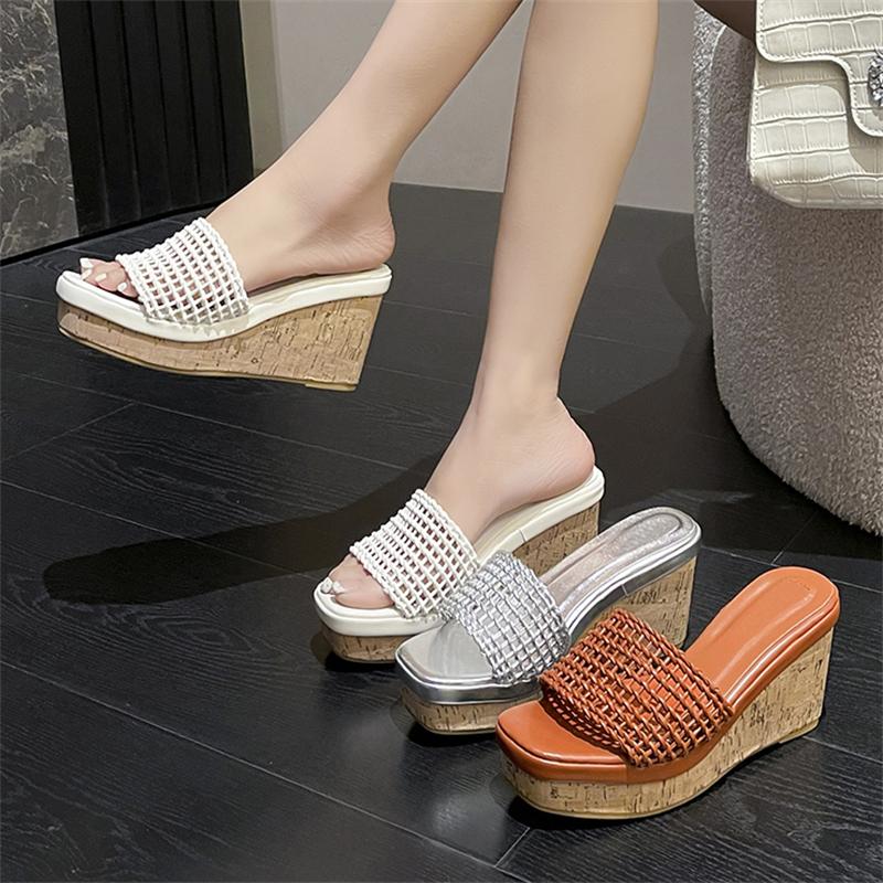 Pesstwei  Summer Street Designer Wood Grain High Heels Hollow Out Breathable Fashion Platform Wedges Woman Slippers Shoes