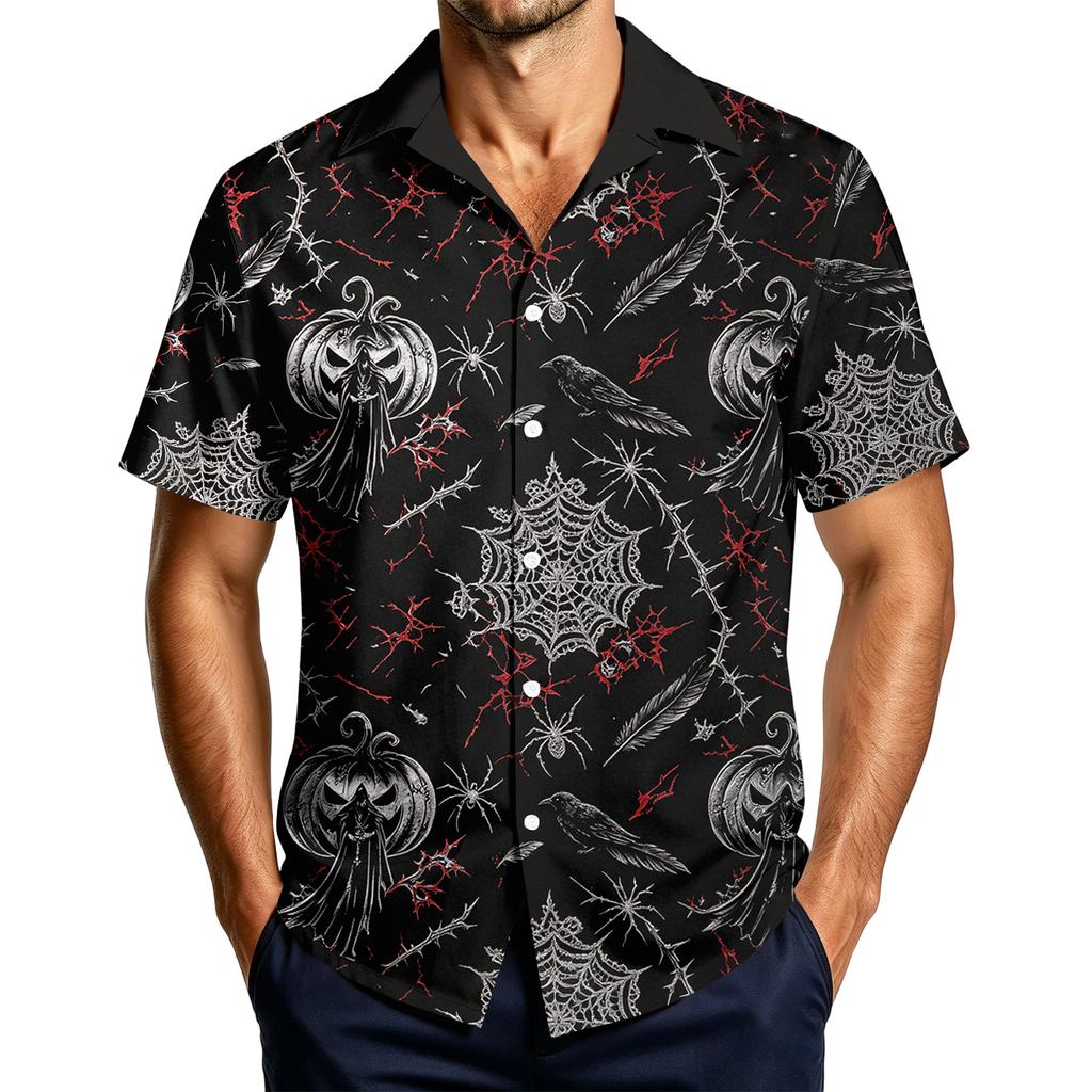 Men's Casual Short Sleeve Halloween Print Button Down Shirt