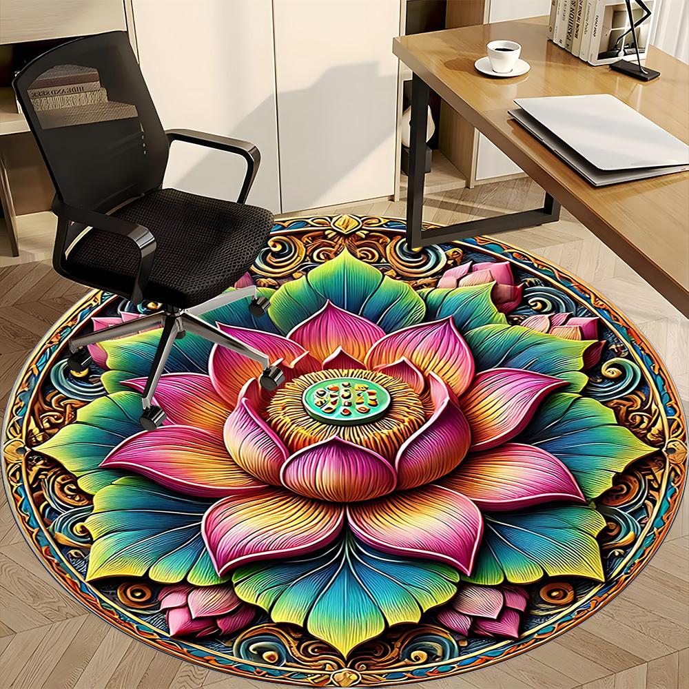1pc Lotus Mandala Chair Carpet for Office, Round Non Slip Durable Large Size Office Carpet, Suitable for Office