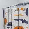 Halloween-Themed Shower Curtain Featuring Pumpkins, Candy Corn, Bats, Spiders, And More! Perfect For Adding Spooky Charm To Your