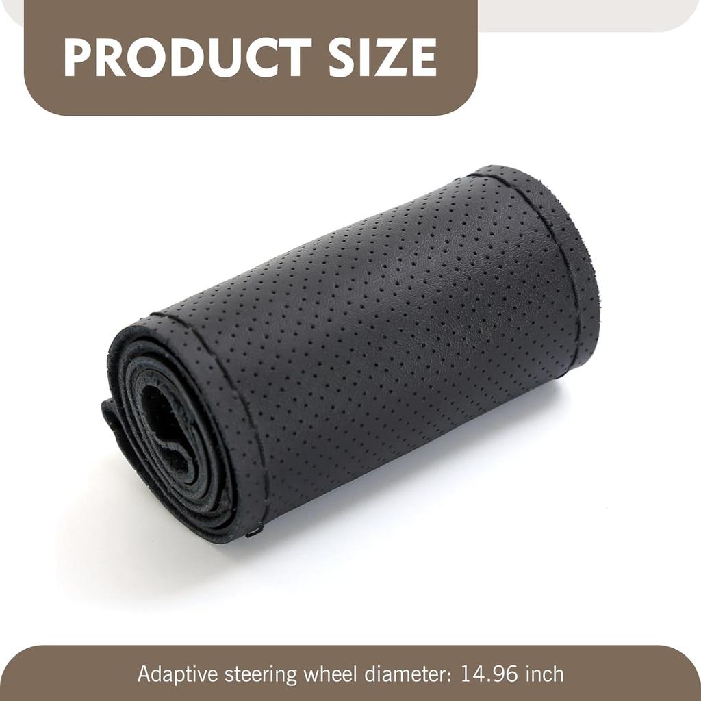 Leather Steering Wheel Cover, 15 Inch Hand Sewing Steering Wheel Wrap, Anti Slip Car Steering Wheel Protector Covers, DIY Sewing with Needle Thread,
