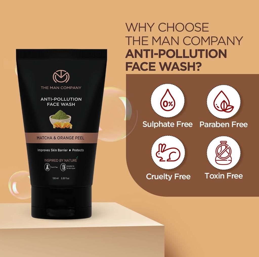 The Man Company Anti-Pollution Face Wash with Matcha & Orange Peel for Deep Pore Cleansing 100ml, Removes Dirt & Impurities