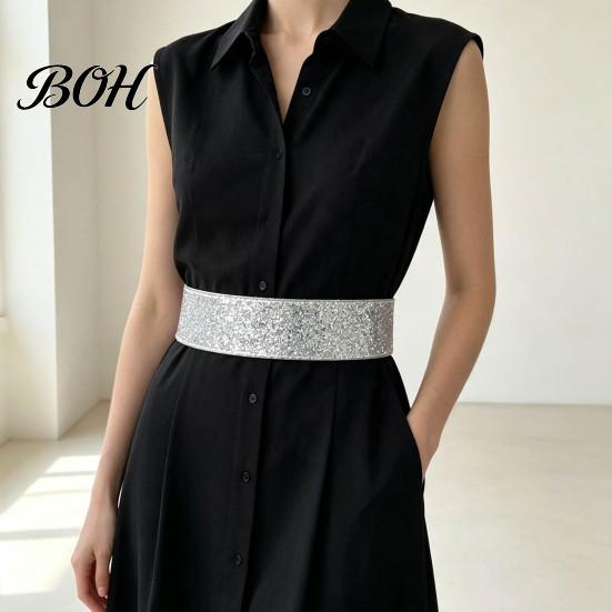 Stretchy Abdomen Shaper Sequined Waist Belt, Women Sparkly Wide Retro Dress Elastic Belt for Snap Buttons, Glittery Band Shirts Dresses