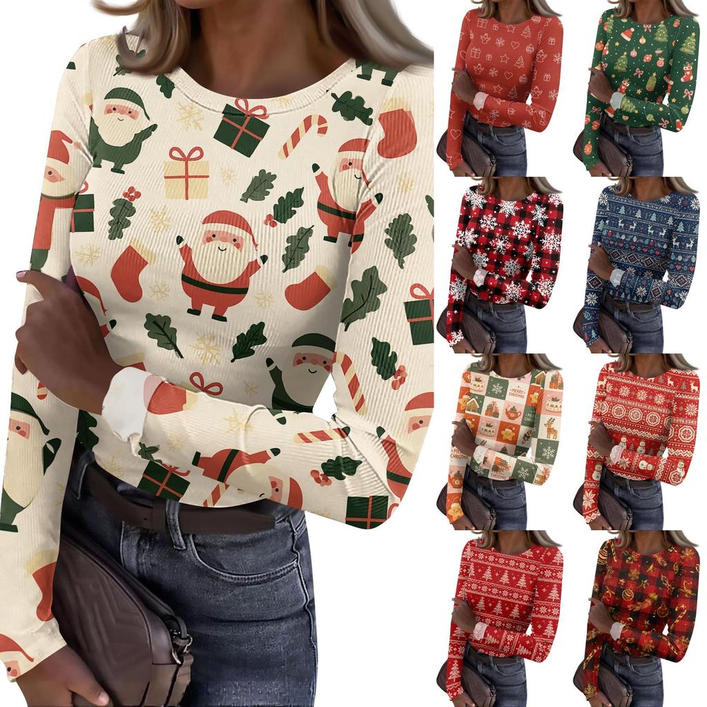 Women's Christmas Print Long Sleeve Round Neck Ribbed Knit Top