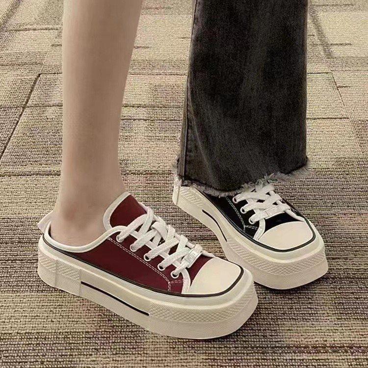 Fashion Square Toe Shoes Slippers Flat Low Slipers Women Slides Cover 2025 Soft Cotton Fabric Casual Canvas Lace-Up Spring Rome Rubber H