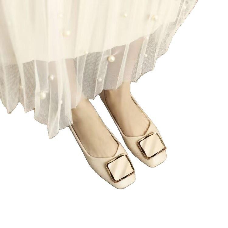 New retro square head soft-soled Doudou shoes spring metal square buckle apricot flat-soled single shoes