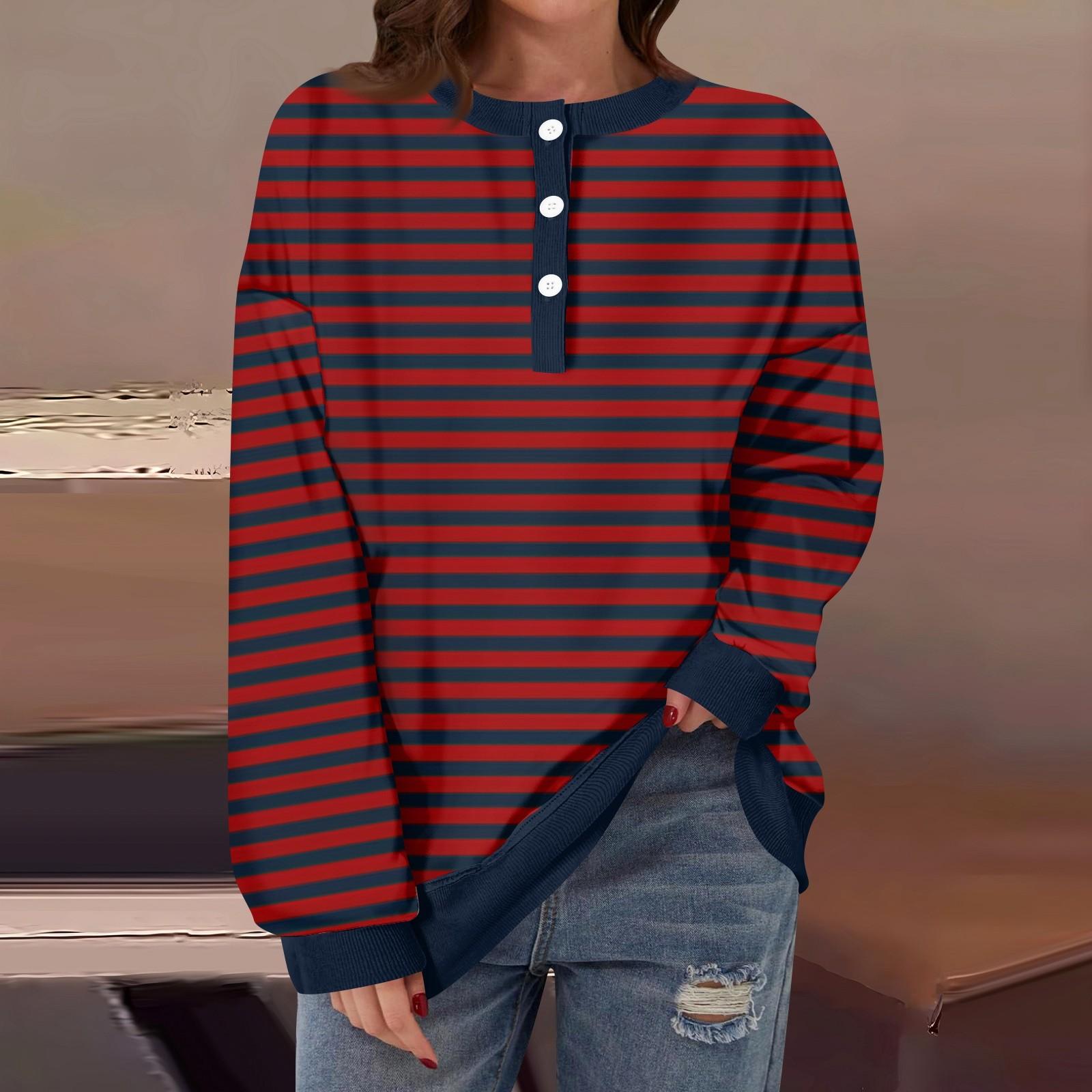 

Женская повседневная мода удобная полосатая футболка с длинным рукавом и круглым вырезом на пуговицах, свободный подол с боковыми разрезами XL винный