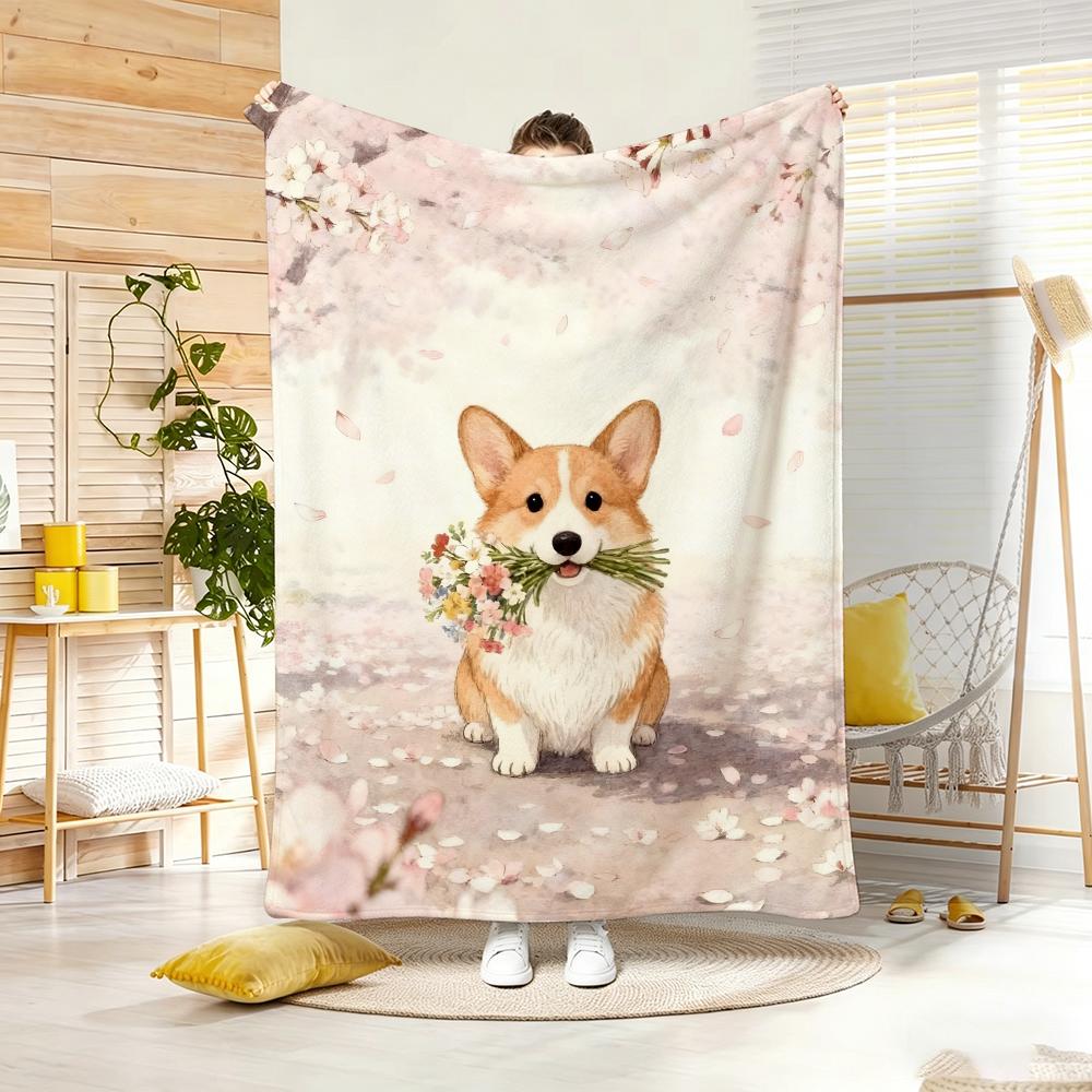 Cute Cartoon Calming Anima Corgi Throw Lightweight 240g Flannel Blanket Soft Skin-friendly for Summer Cooling