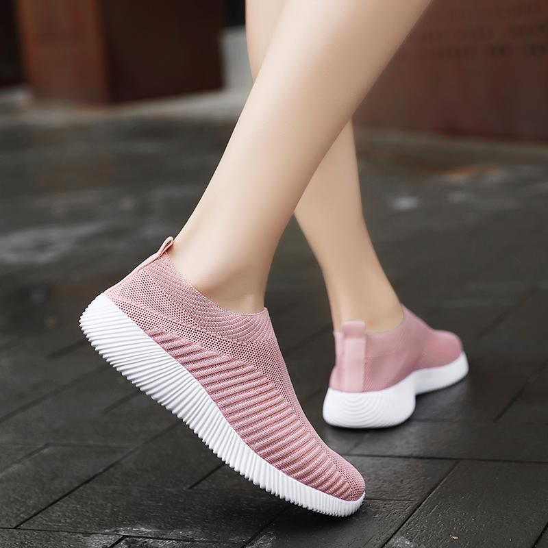 Fashion Women's Pink Solid Color Mesh Breathable Sneakers Flying Woven Walking Fashion Slip-on Flat Shoes Sports Running Tennis