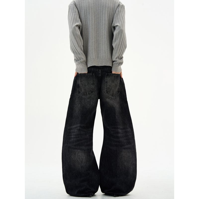 Kisko American Retro Washed Bamboo Texture Black Scimitar Jeans Unisex High-End Loose Straight Pants