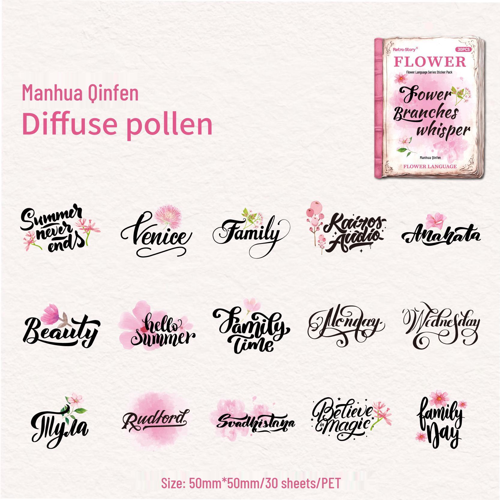 Retro Flower Language Sticker Pack: 30 PET Sheets with Colorful English Text in 6 Styles