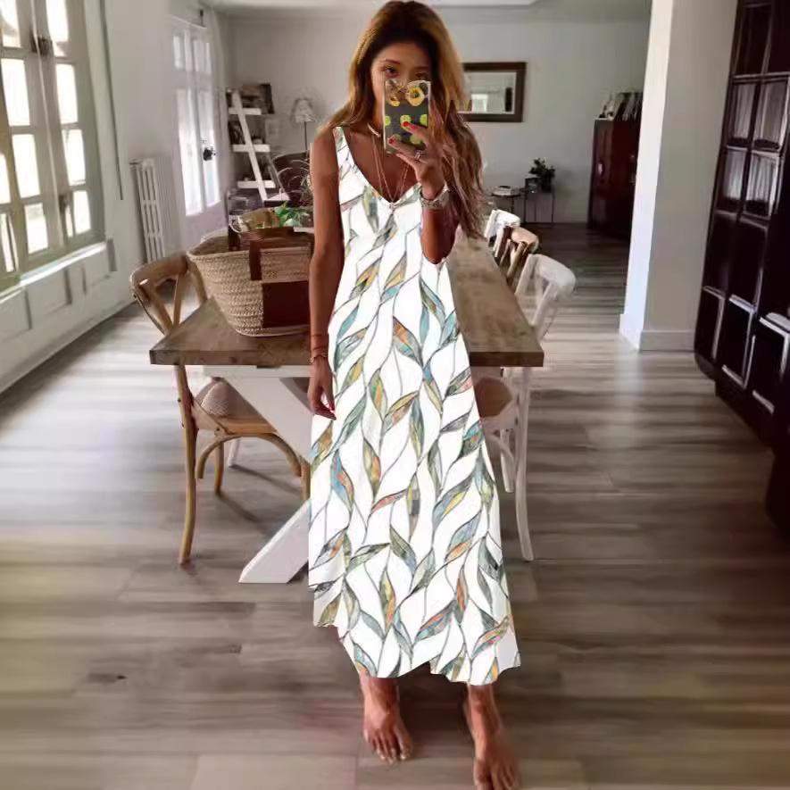 Damen Floral Maxikleid V-Ausschnitt Spaghettiträger Ärmellos Lockerer Schnitt Sommer Strandurlaub Langes Kleid