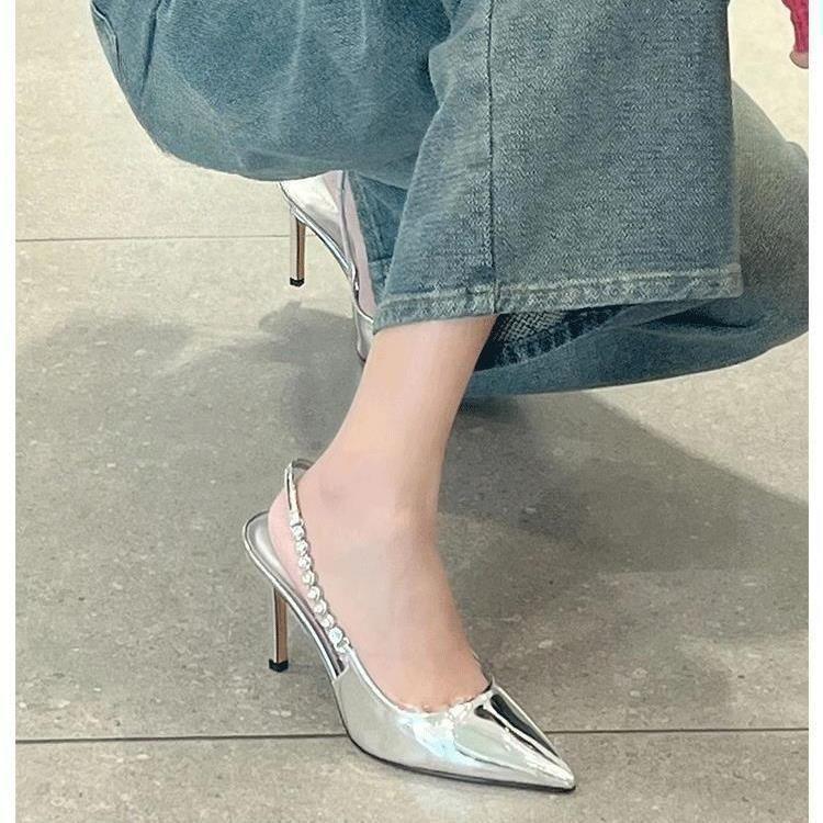 Europäischer und amerikanischer Stil spitze französische Sandalen neu silber Stiletto mit Rock kaiserliche Schwester High Heels Frauen ins