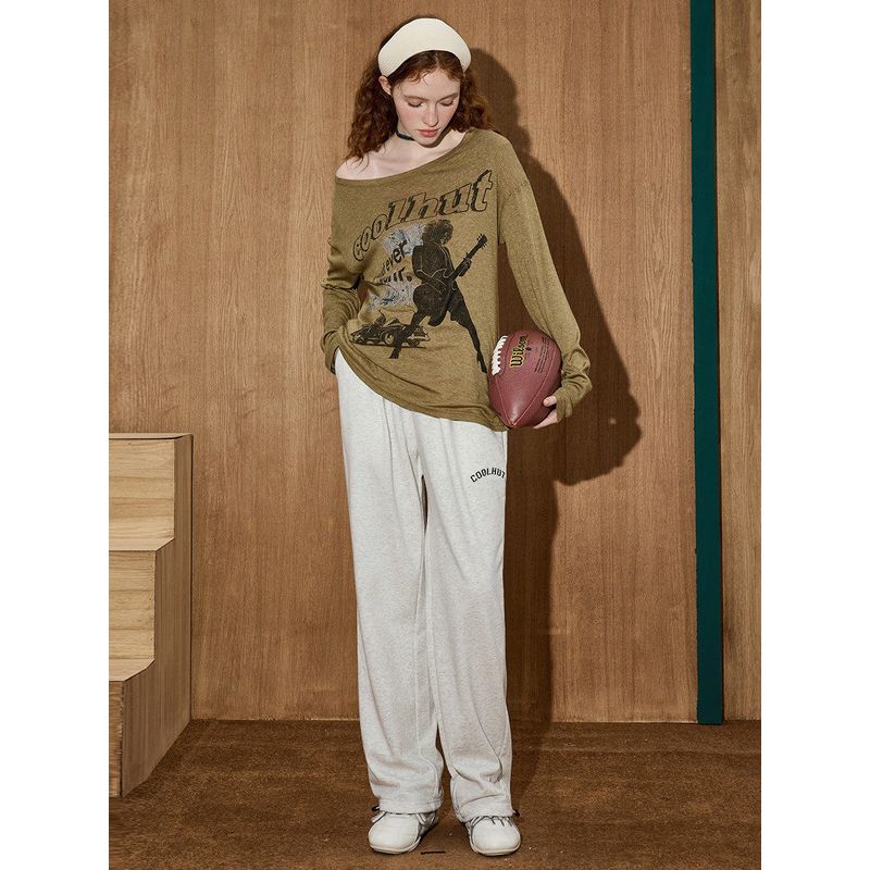 Coolhut American Retro Print Loose and Comfortable Loose-Fitting 2025 Summer Women's T-Shirt with Tencel Letters